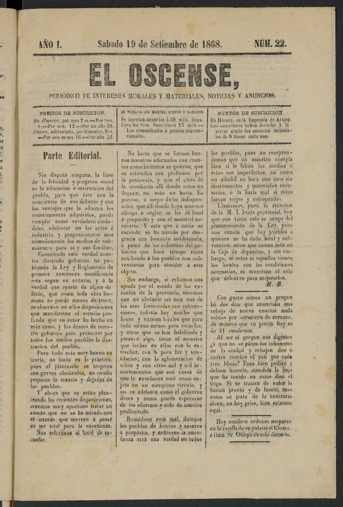 Miniatura de El Oscense (Huesca, 1868) del 19 de septiembre de 1868