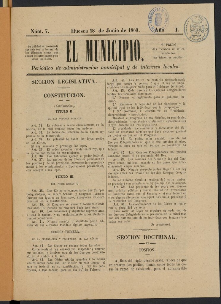Miniatura de El Municipio (Huesca, 1869) del 18 de junio de 1869