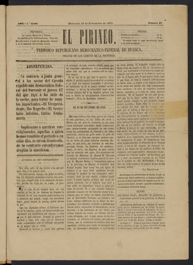 Miniatura de El Pirineo: periódico republicano democrático-federal de Huesca del 16 de noviembre de 1870