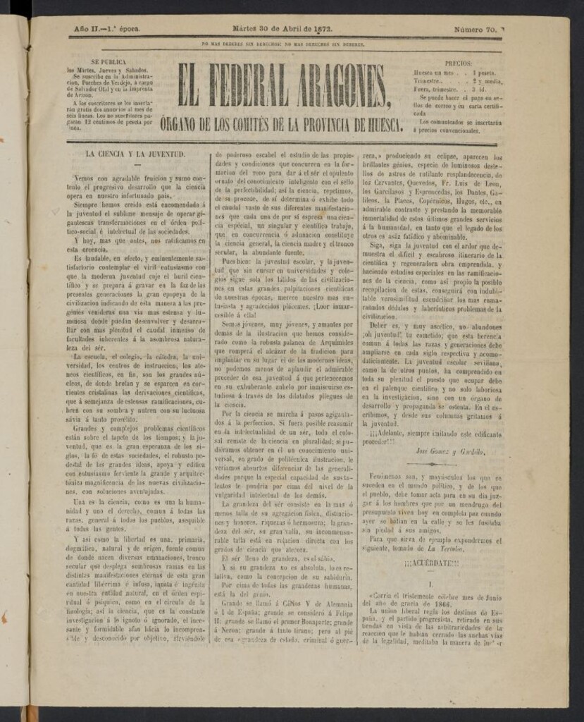Miniatura de El Federal aragonés del 30 de abril de 1872