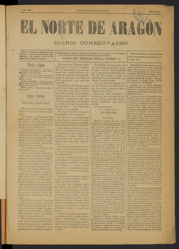 Miniatura de El Norte de Aragón: diario liberal del 3 de noviembre de 1891