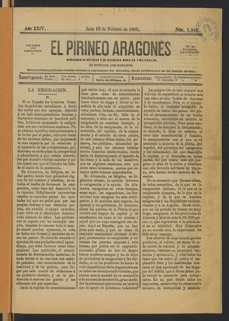 Miniatura de El Pirineo Aragonés (Jaca. 1882) del 18 de febrero de 1905