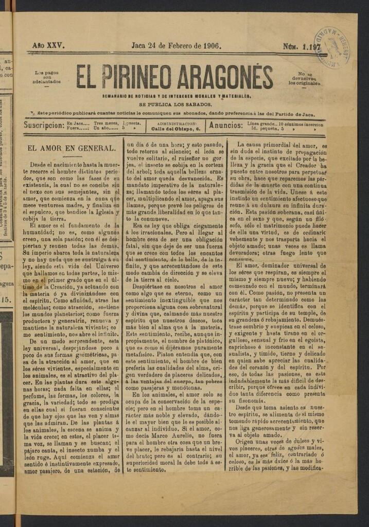 Miniatura de El Pirineo Aragonés (Jaca. 1882) del 24 de febrero de 1906