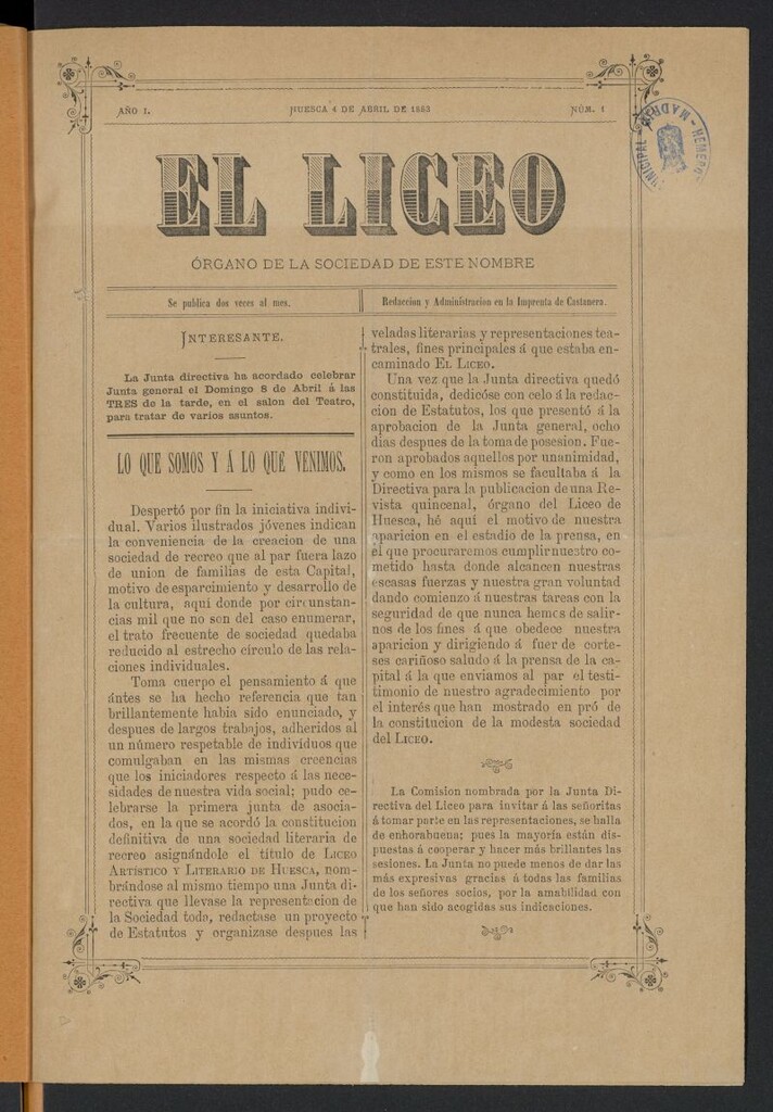 Miniatura de El Liceo (Huesca, 1883) del 4 de abril de 1883