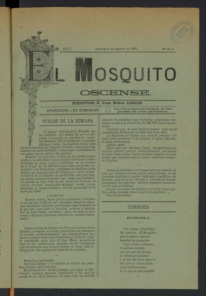 Miniatura de El Mosquito oscense del 14 de agosto de 1887