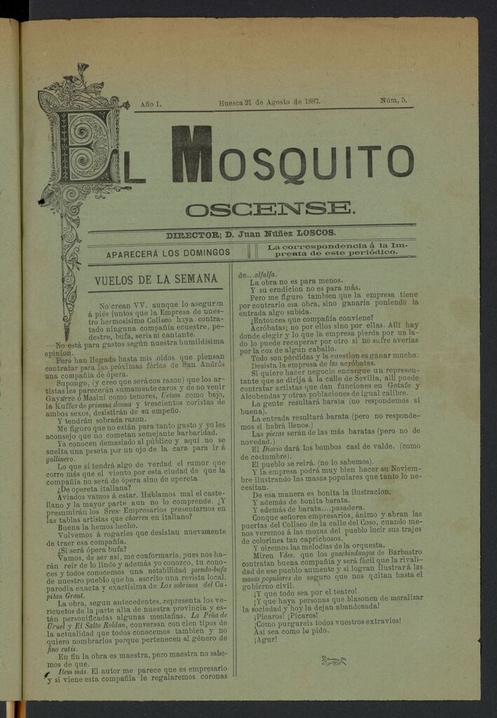 Miniatura de El Mosquito oscense del 21 de agosto de 1887