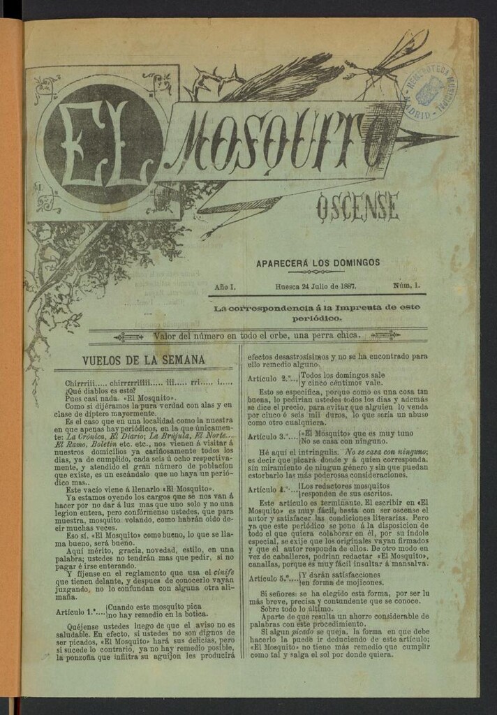 Miniatura de El Mosquito oscense del 24 de julio de 1887
