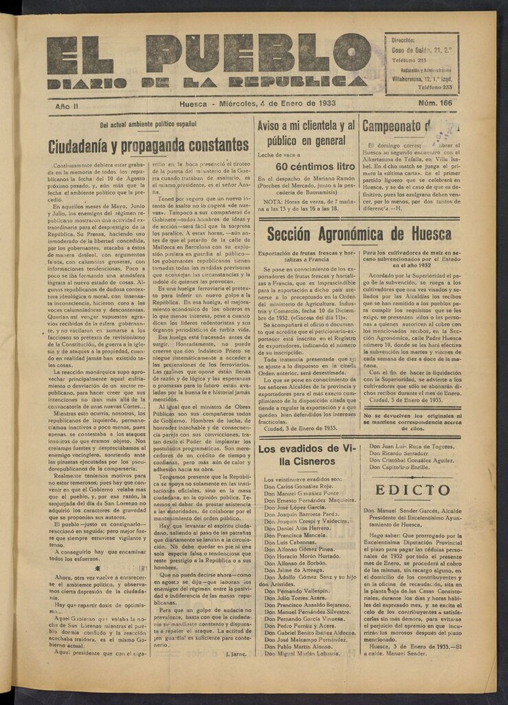 Miniatura de El Pueblo (Huesca. 1932) del 4 de enero de 1933