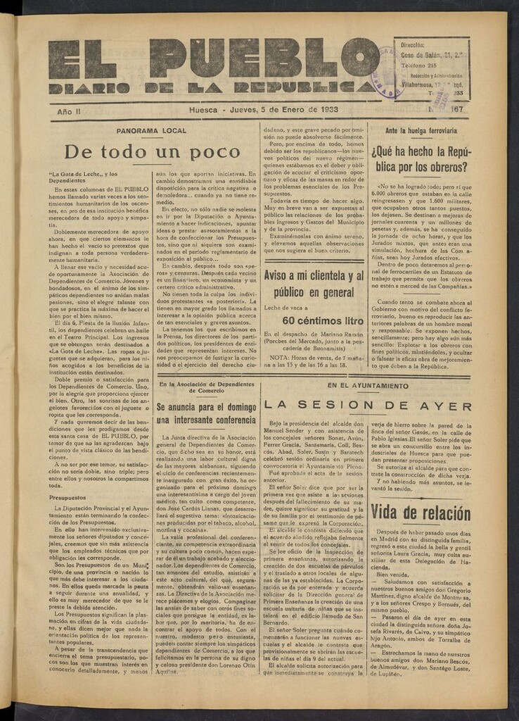 Miniatura de El Pueblo (Huesca. 1932) del 5 de enero de 1933