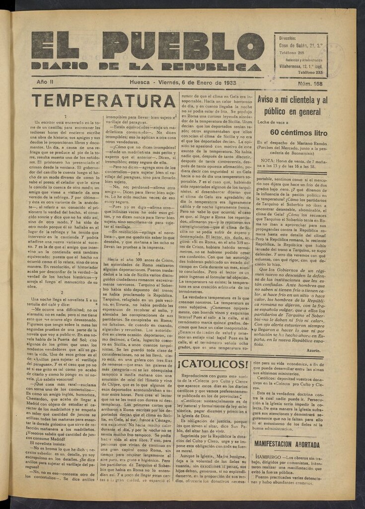 Miniatura de El Pueblo (Huesca. 1932) del 6 de enero de 1933