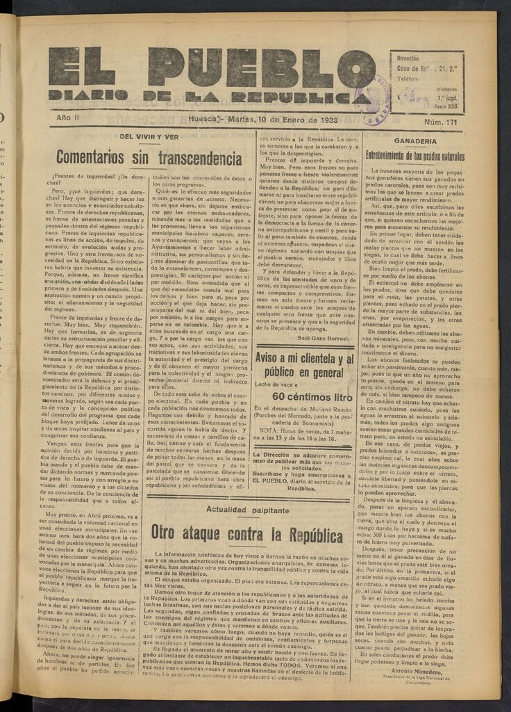 Miniatura de El Pueblo (Huesca. 1932) del 10 de enero de 1933
