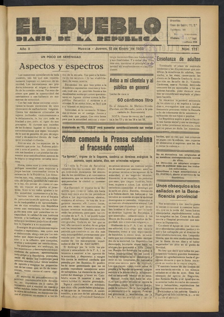 Miniatura de El Pueblo (Huesca. 1932) del 12 de enero de 1933