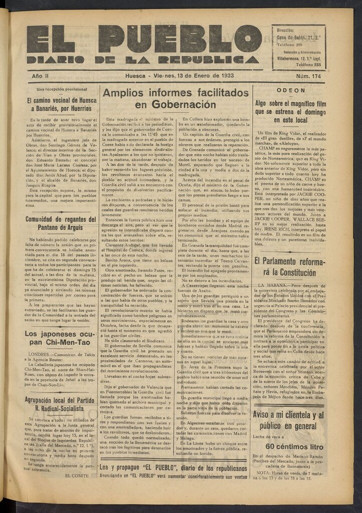 Miniatura de El Pueblo (Huesca. 1932) del 13 de enero de 1933