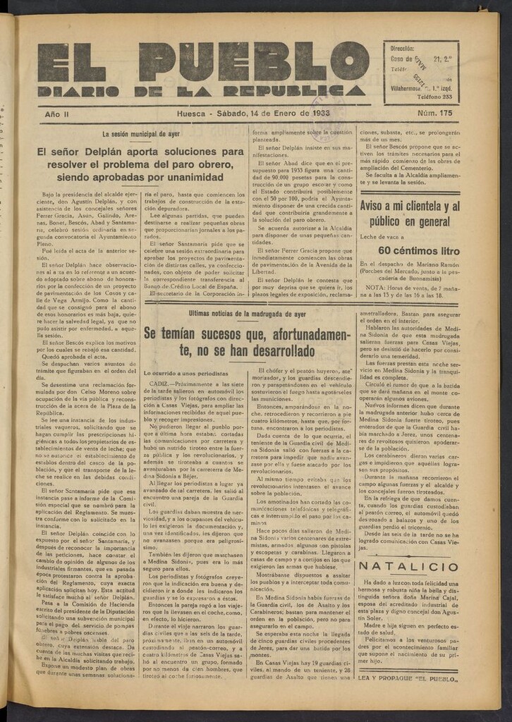 Miniatura de El Pueblo (Huesca. 1932) del 14 de enero de 1933