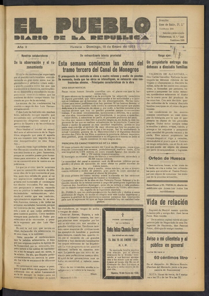 Miniatura de El Pueblo (Huesca. 1932) del 15 de enero de 1933