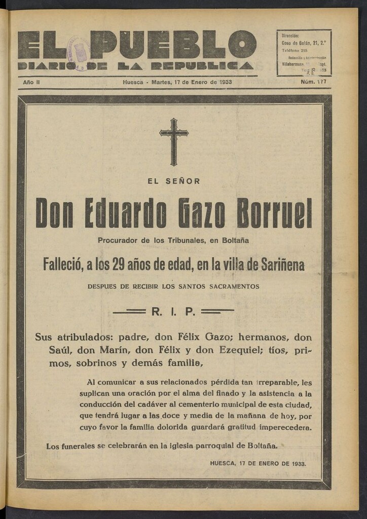 Miniatura de El Pueblo (Huesca. 1932) del 17 de enero de 1933