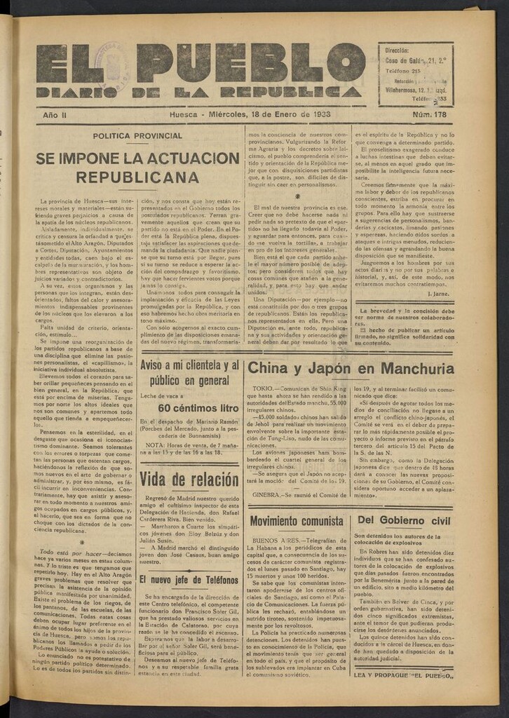 Miniatura de El Pueblo (Huesca. 1932) del 18 de enero de 1933
