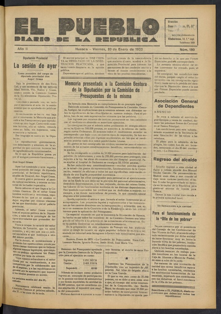 Miniatura de El Pueblo (Huesca. 1932) del 20 de enero de 1933