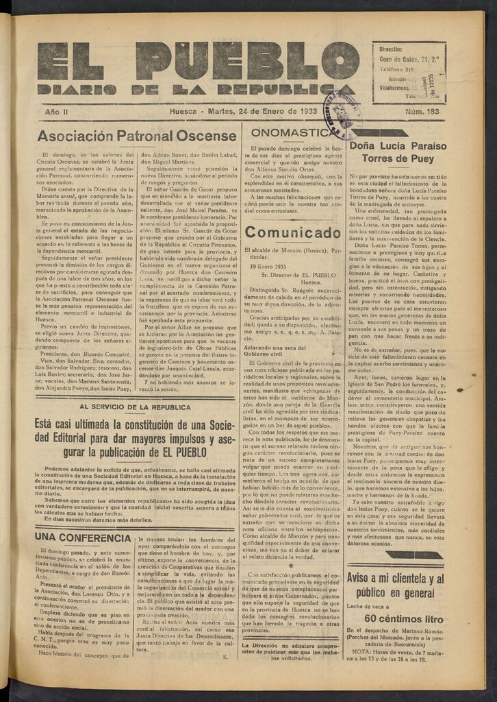 Miniatura de El Pueblo (Huesca. 1932) del 24 de enero de 1933
