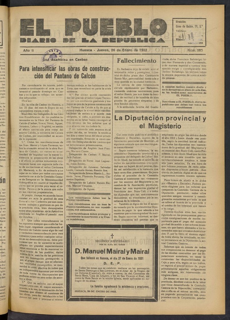 Miniatura de El Pueblo (Huesca. 1932) del 26 de enero de 1933