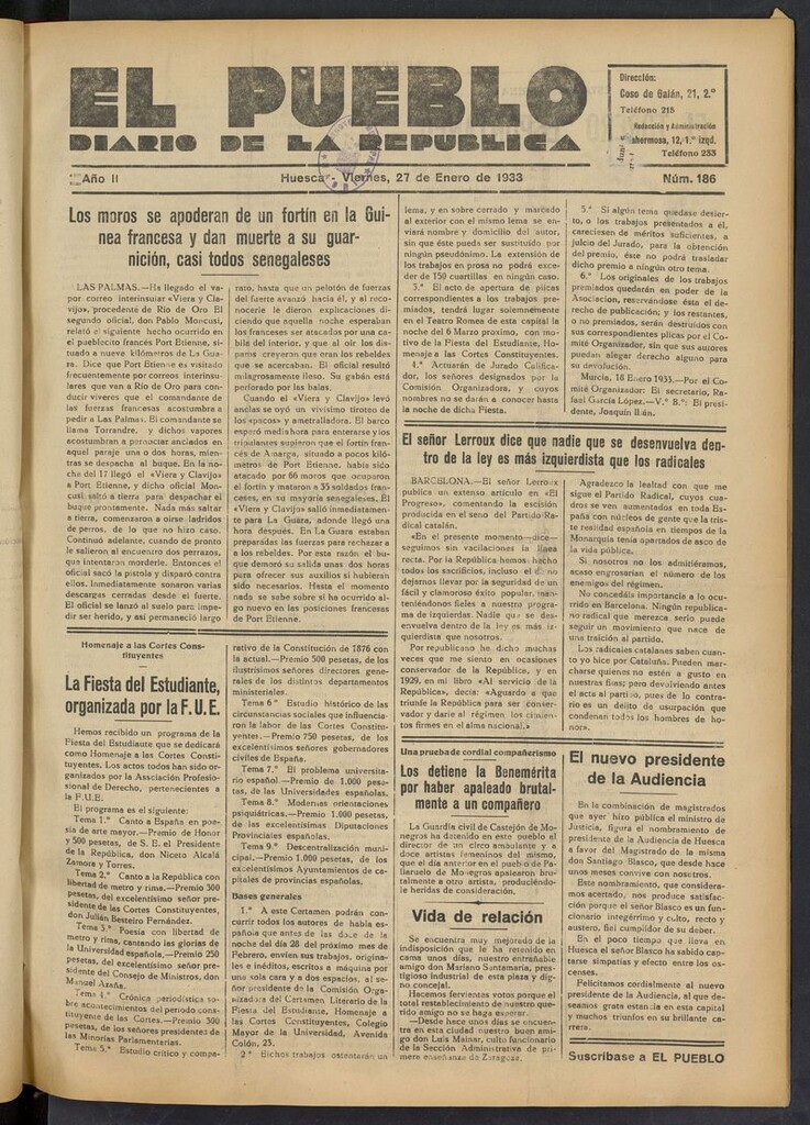 Miniatura de El Pueblo (Huesca. 1932) del 27 de enero de 1933