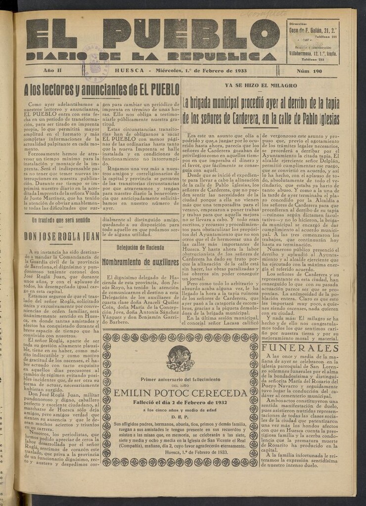 Miniatura de El Pueblo (Huesca. 1932) del 1 de febrero de 1933