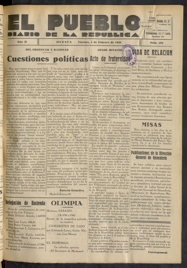 Miniatura de El Pueblo (Huesca. 1932) del 3 de febrero de 1933