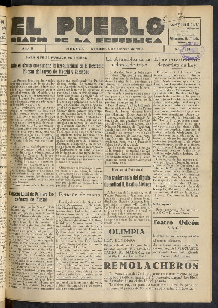 Miniatura de El Pueblo (Huesca. 1932) del 5 de febrero de 1933