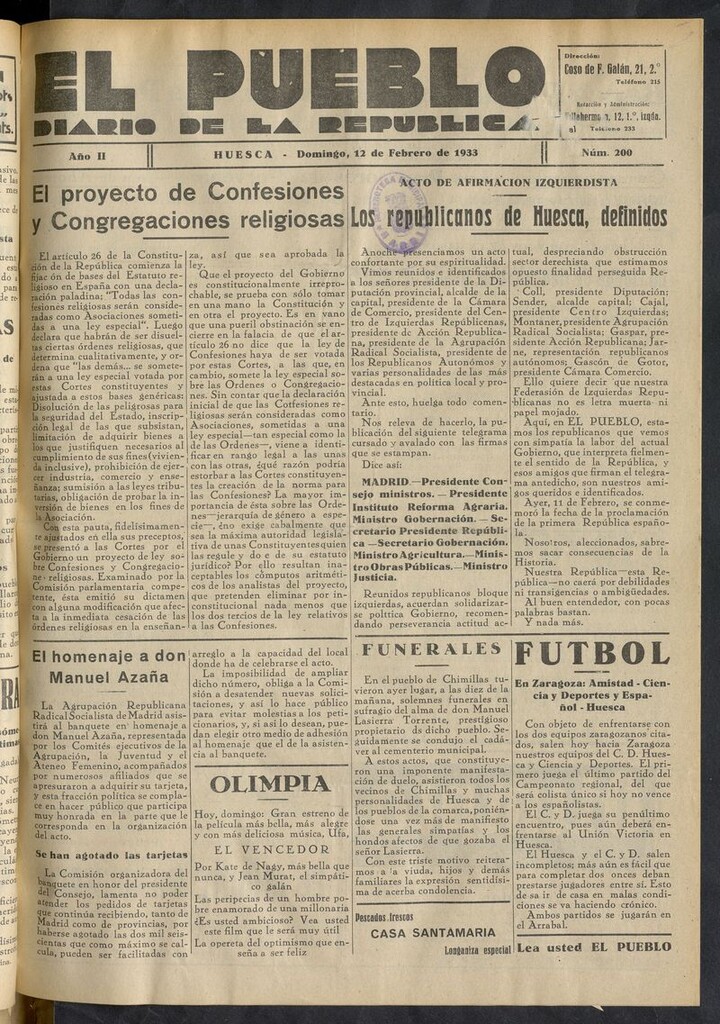 Miniatura de El Pueblo (Huesca. 1932) del 12 de febrero de 1933