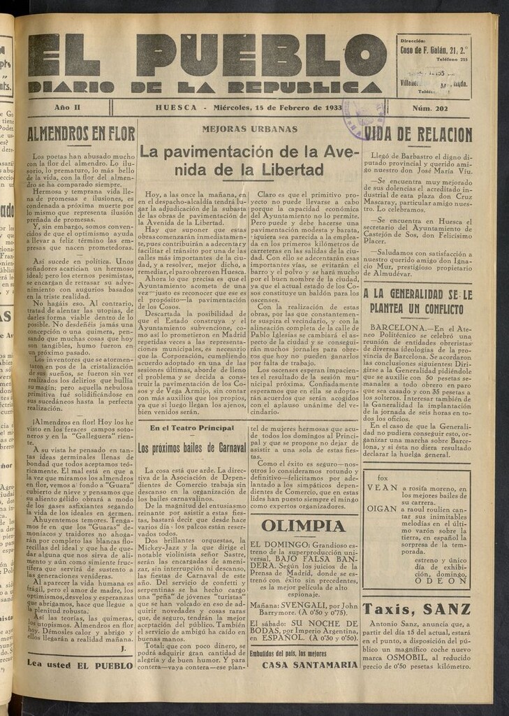 Miniatura de El Pueblo (Huesca. 1932) del 15 de febrero de 1933