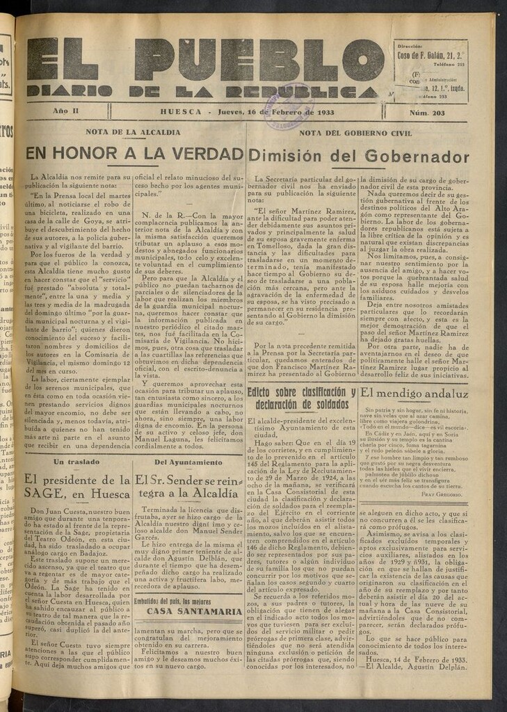Miniatura de El Pueblo (Huesca. 1932) del 16 de febrero de 1933