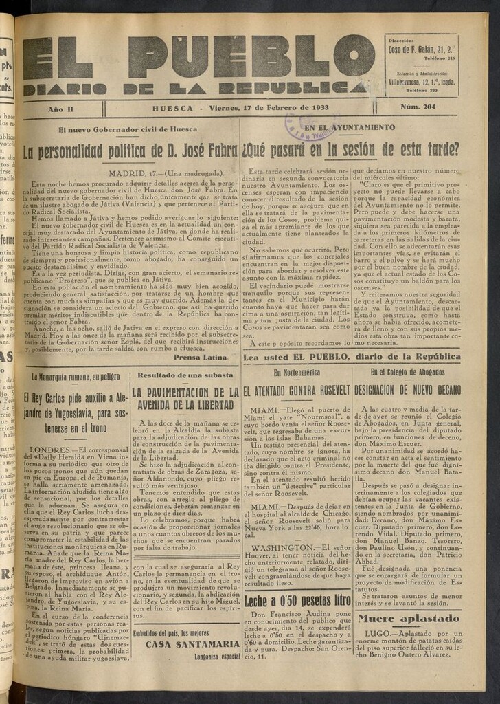 Miniatura de El Pueblo (Huesca. 1932) del 17 de febrero de 1933