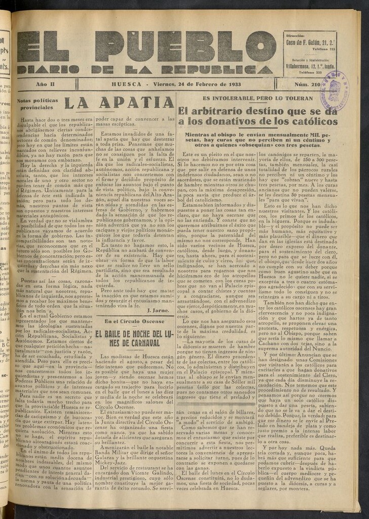 Miniatura de El Pueblo (Huesca. 1932) del 24 de febrero de 1933