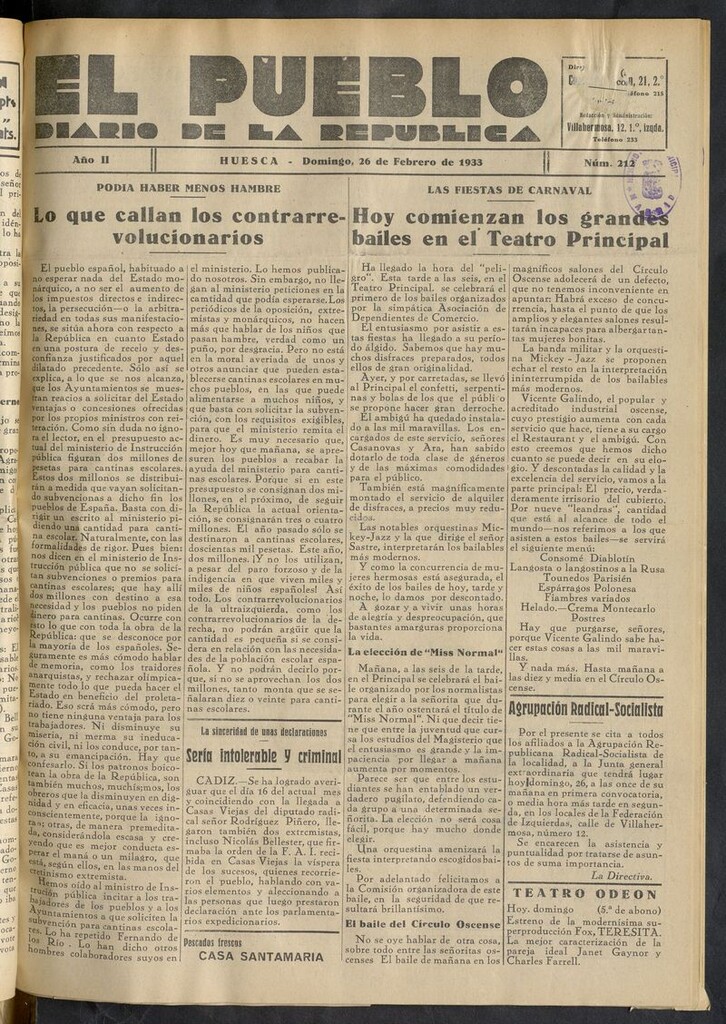 Miniatura de El Pueblo (Huesca. 1932) del 26 de febrero de 1933