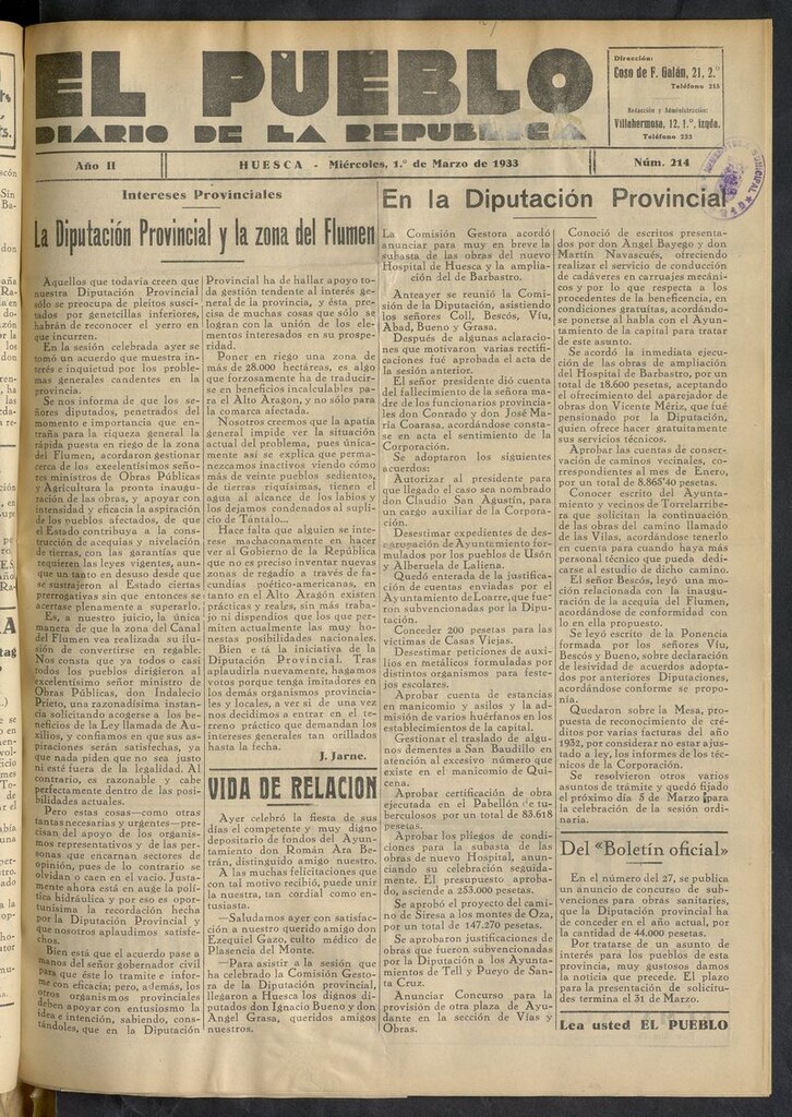 Miniatura de El Pueblo (Huesca. 1932) del 1 de marzo de 1933