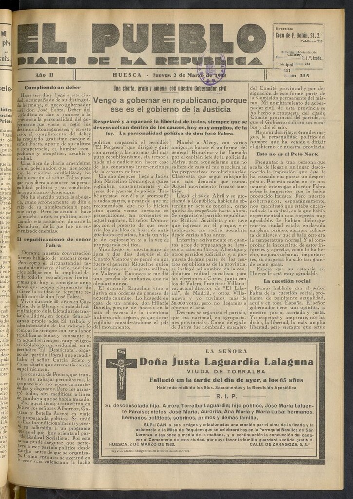 Miniatura de El Pueblo (Huesca. 1932) del 2 de marzo de 1933