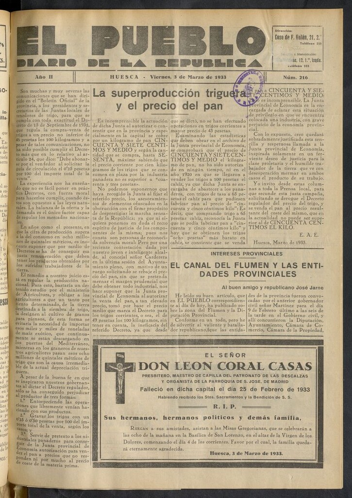 Miniatura de El Pueblo (Huesca. 1932) del 3 de marzo de 1933