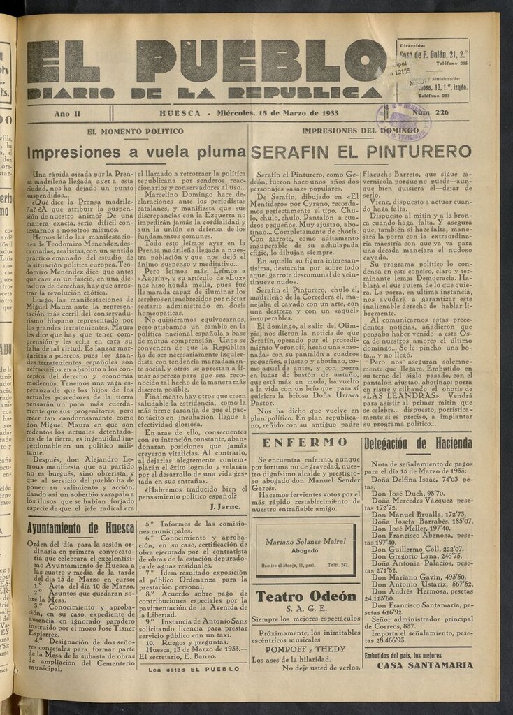 Miniatura de El Pueblo (Huesca. 1932) del 15 de marzo de 1933
