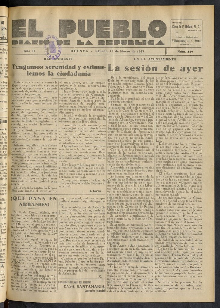 Miniatura de El Pueblo (Huesca. 1932) del 18 de marzo de 1933
