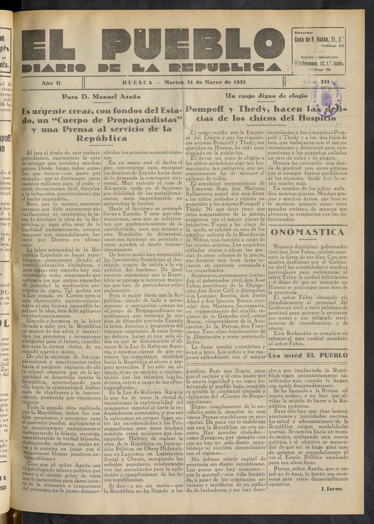 Miniatura de El Pueblo (Huesca. 1932) del 21 de marzo de 1933