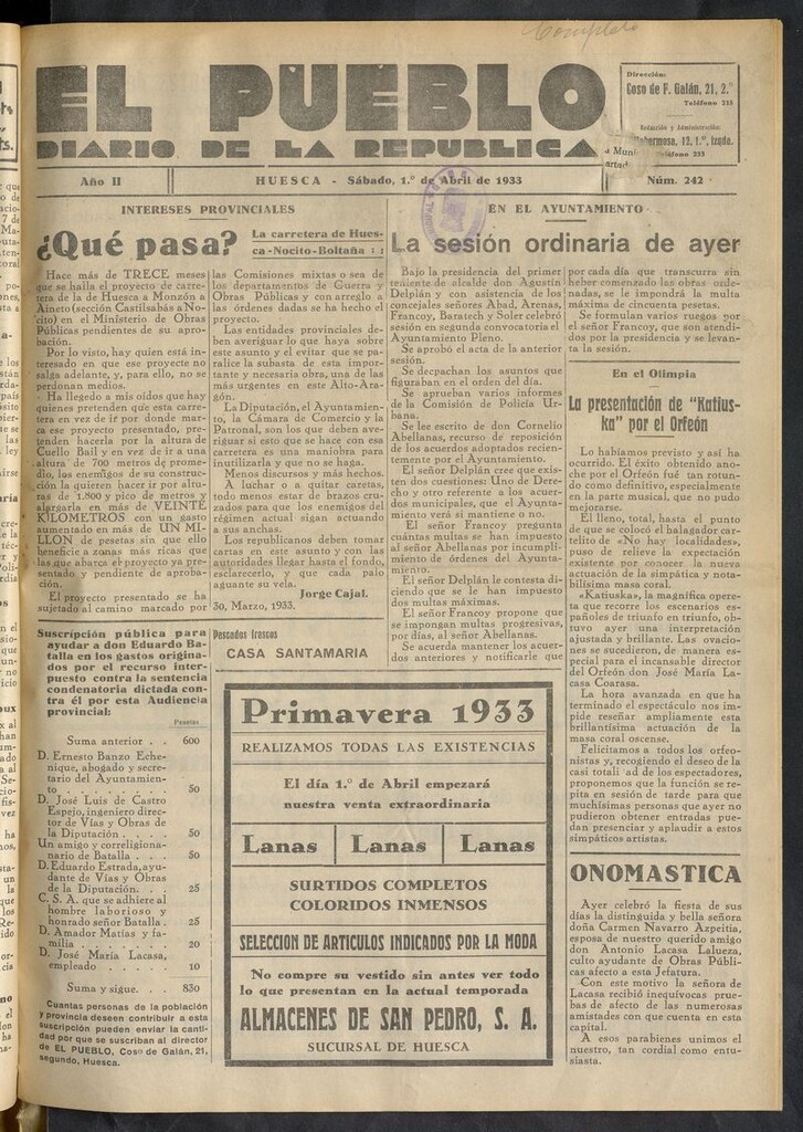 Miniatura de El Pueblo (Huesca. 1932) del 1 de abril de 1933