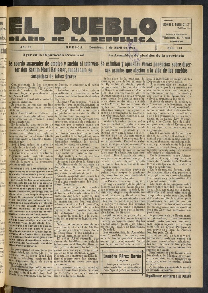 Miniatura de El Pueblo (Huesca. 1932) del 2 de abril de 1933