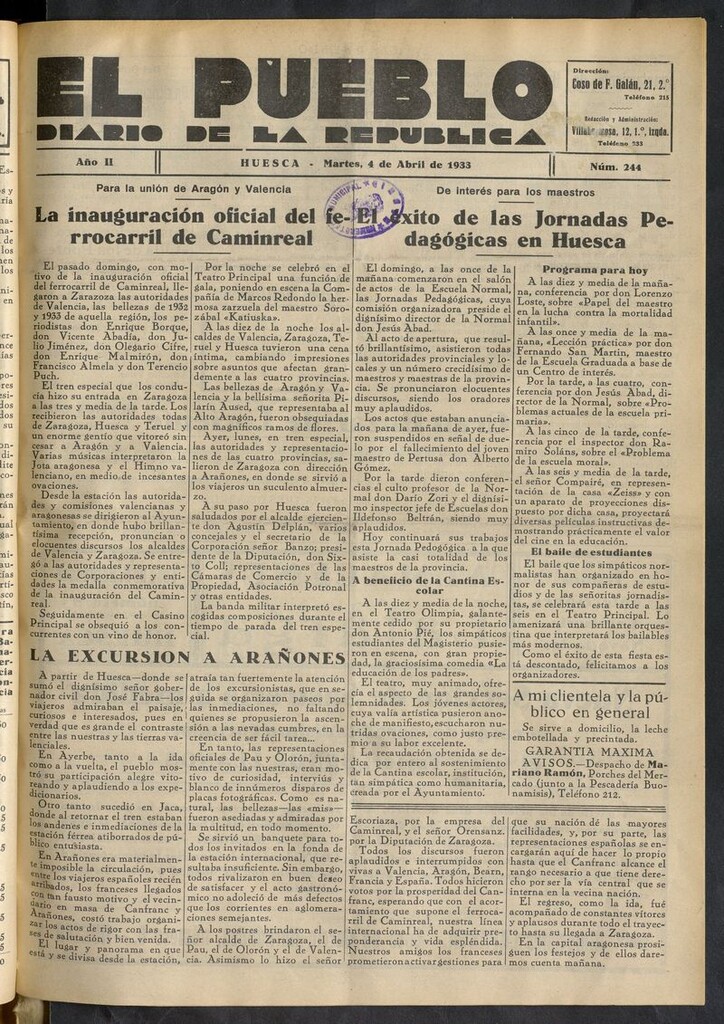 Miniatura de El Pueblo (Huesca. 1932) del 4 de abril de 1933