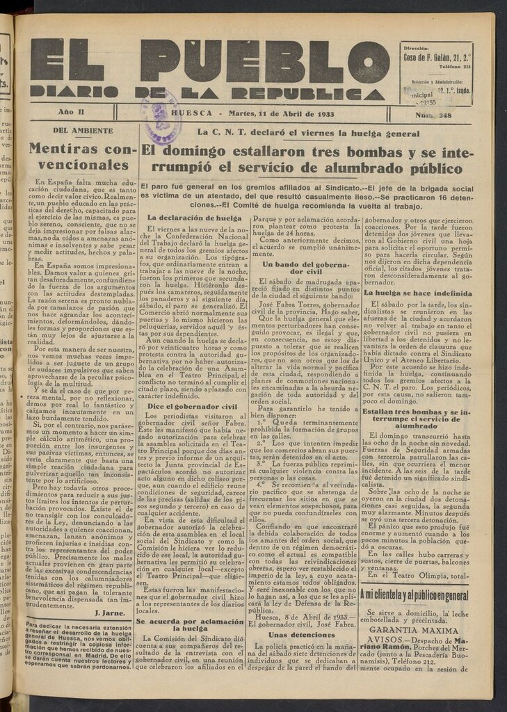 Miniatura de El Pueblo (Huesca. 1932) del 11 de abril de 1933
