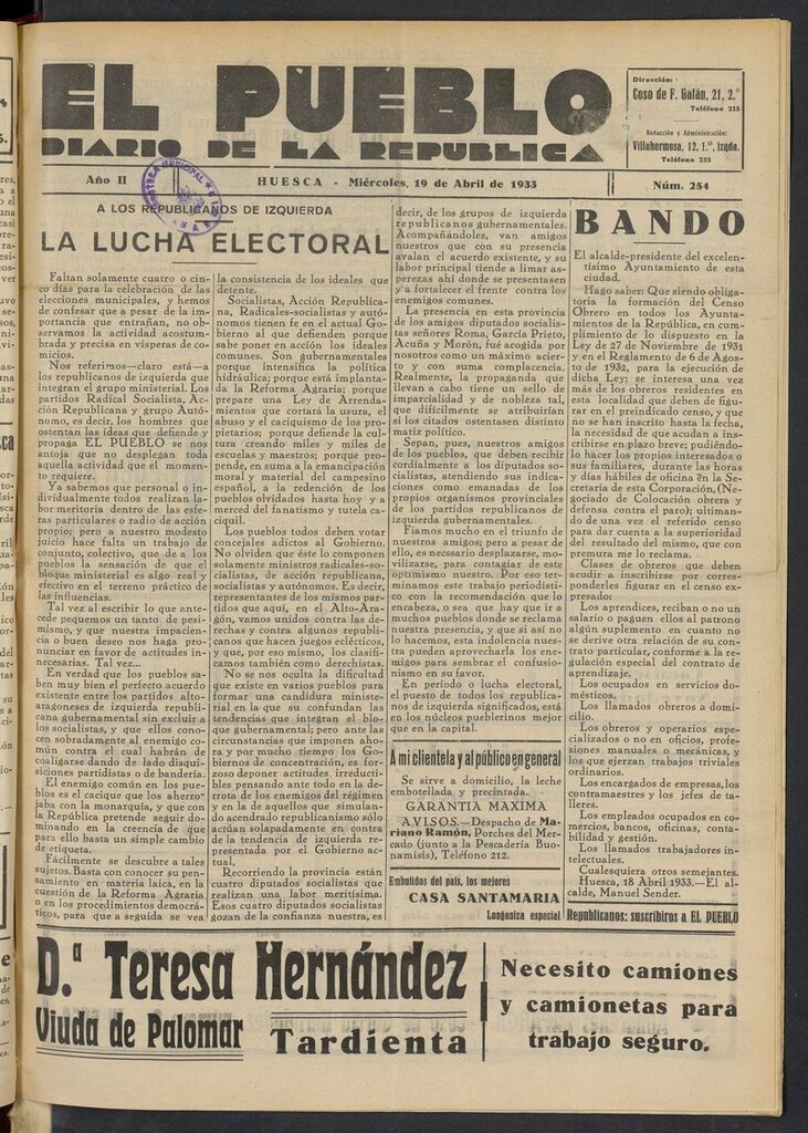 Miniatura de El Pueblo (Huesca. 1932) del 19 de abril de 1933