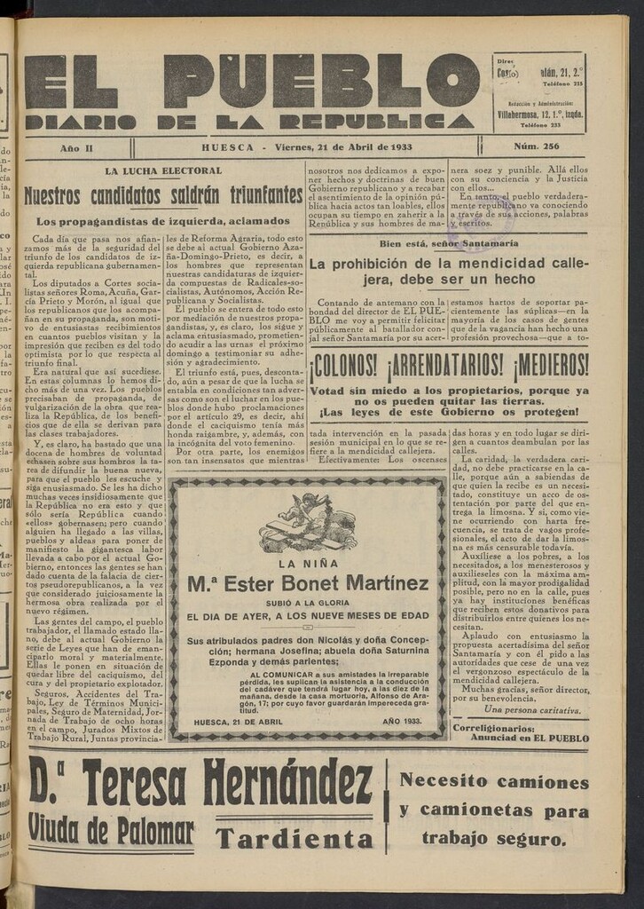 Miniatura de El Pueblo (Huesca. 1932) del 21 de abril de 1933