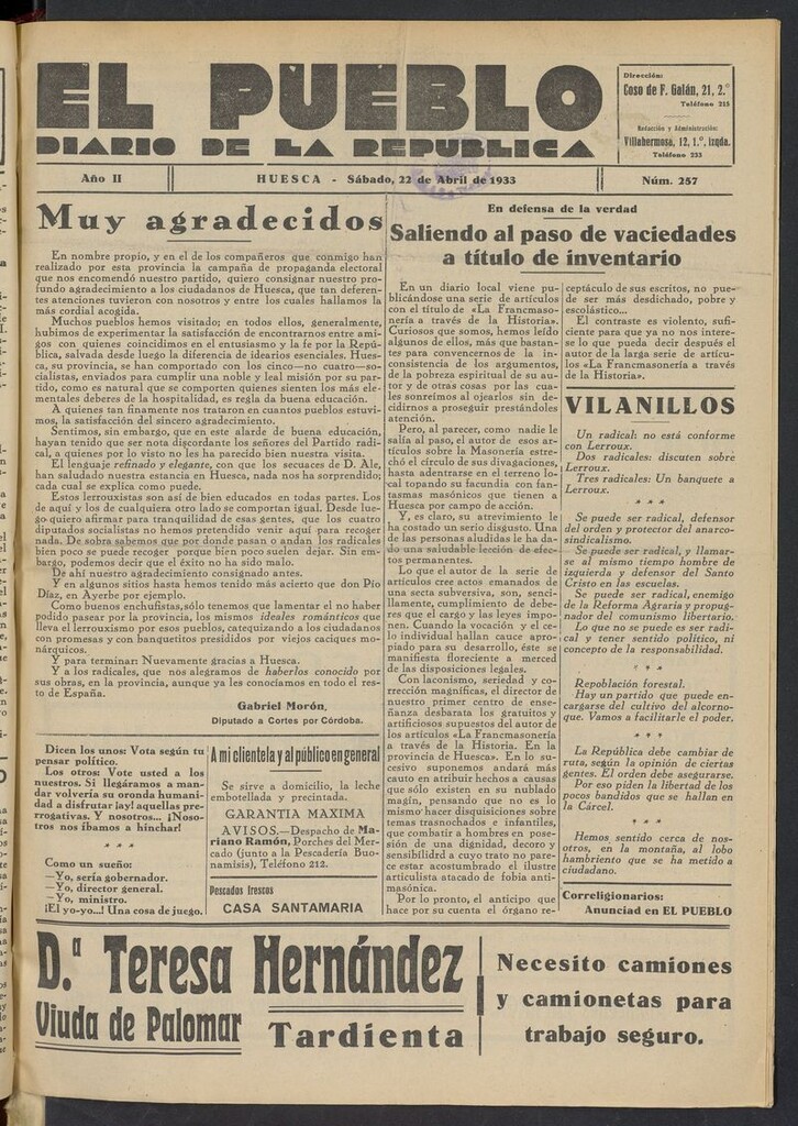 Miniatura de El Pueblo (Huesca. 1932) del 22 de abril de 1933
