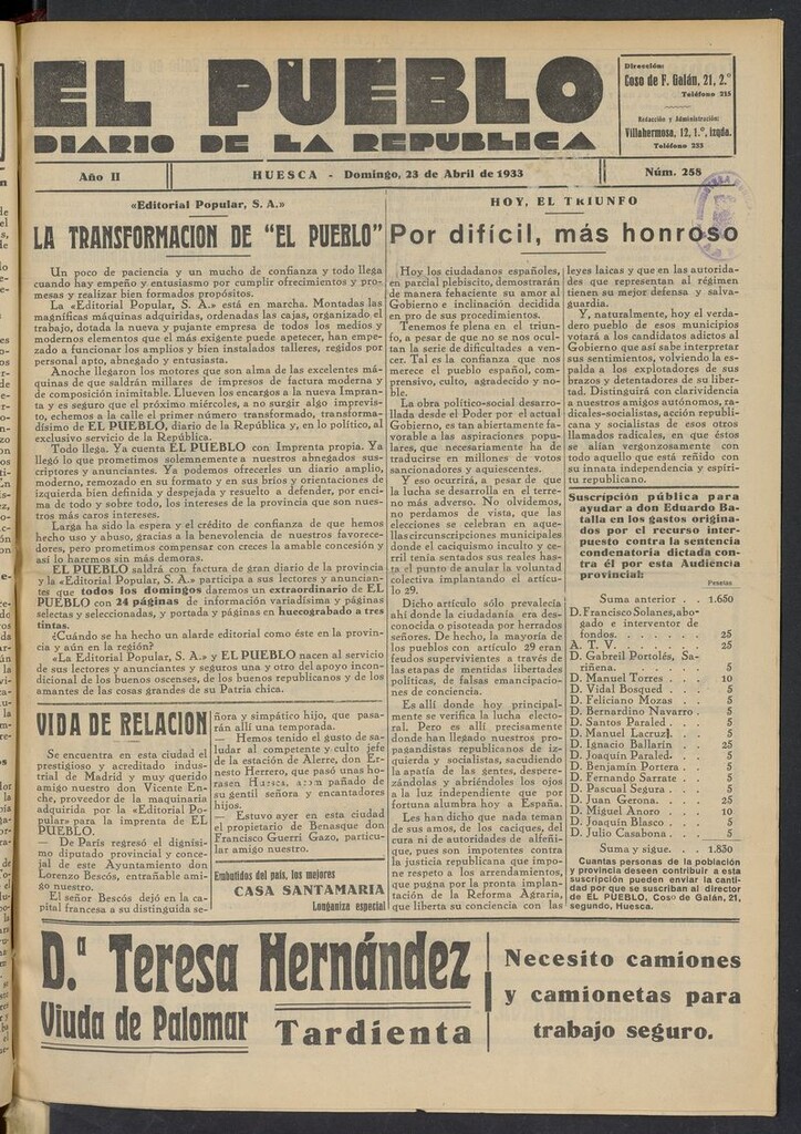 Miniatura de El Pueblo (Huesca. 1932) del 23 de abril de 1933