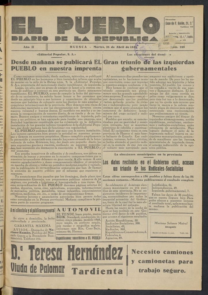 Miniatura de El Pueblo (Huesca. 1932) del 25 de abril de 1933