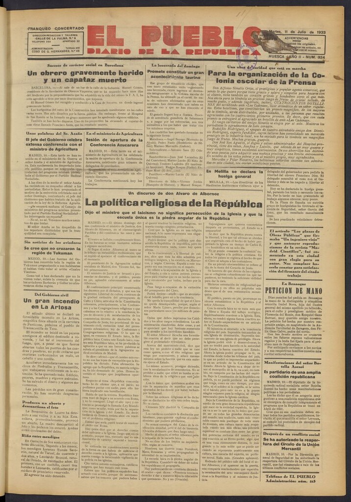 Miniatura de El Pueblo (Huesca. 1932) del 11 de julio de 1933